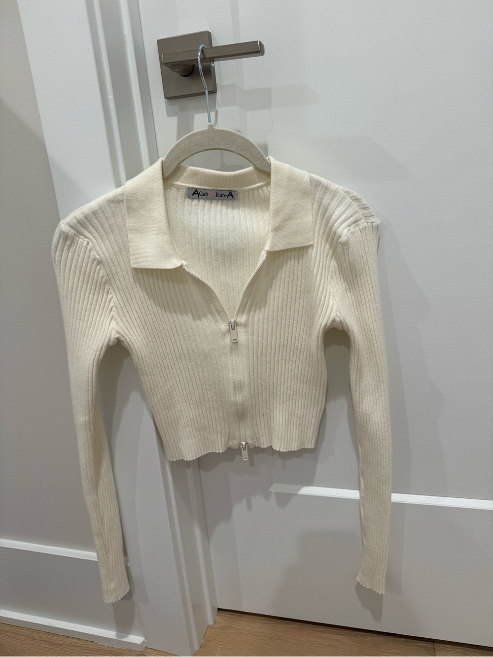 Cream Ribbed Zip-Front Collared Sweater